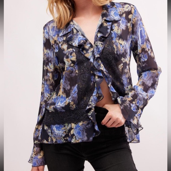 Tops - NWT FREE PEOPLE Bad At Love Blouse Sz M Floral Blue Black Lace Boho Fairy